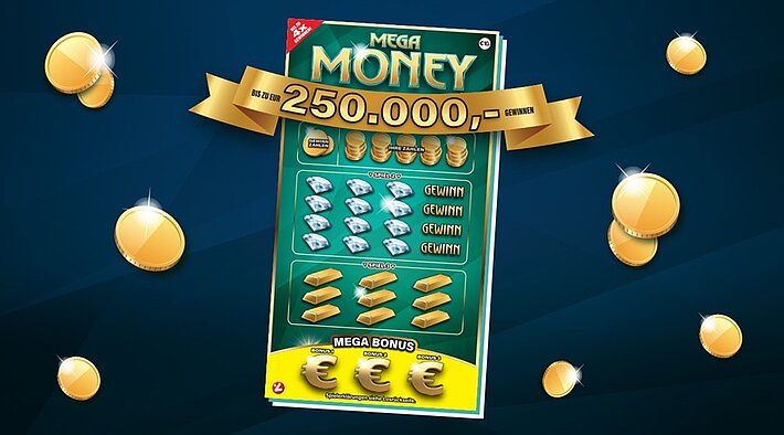 Das neue aufrubbelbare Los namens Mega Money, auf trükisem Hintergrund sind Rubbelsymbole aufgezeichnet