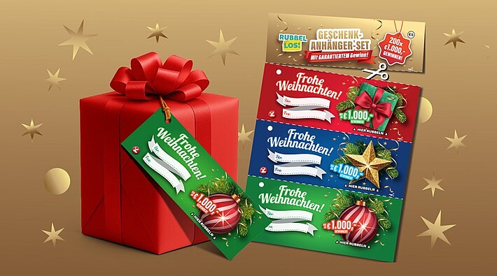 Ein rotes Geschenkspaket auf goldenem Hintergrund, daneben bunte Geschenkanhänger von Rubbellos