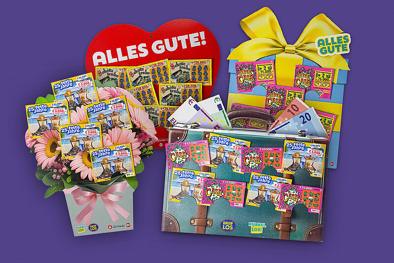 Ein Bild mit vier Karton-Geschenksverpackungen für Rubbellose
