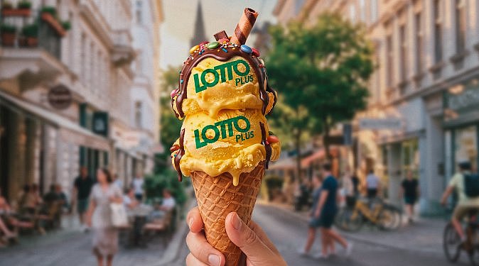 Auf einer sommerlichen Wiener Straße wird ein Eis mit zwei gelben Eiskugeln in der Bildmitte gehalten, darauf steht LottoPlus.