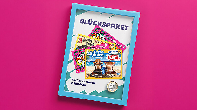 Ein Bild mit einem Bilderrahmen, in dem verschiedene Rubbellose aufgeklebt sind