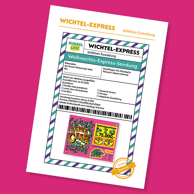 Ein Bild mit dem Wichtel-Express-Schein und Rubbellos drauf geklebt
