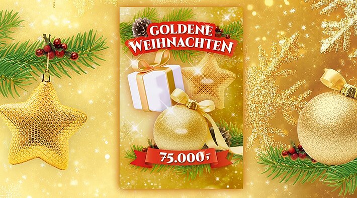 Ein Geschenkspaket, ein goldener Stern und eine golden glänzende Weihnachtsbaumkugel sind auf dem neuen Rubbellos Goldene Weihnachten