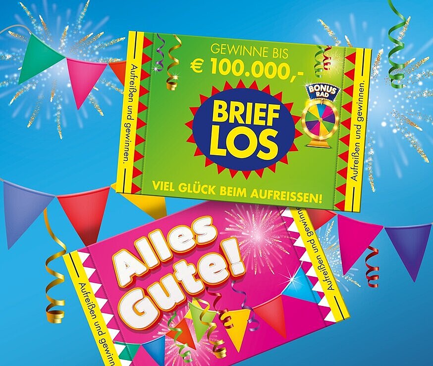 Das neue Brieflos "Alles Gute" in den Farbvarianten "Magenta" und "Grün"