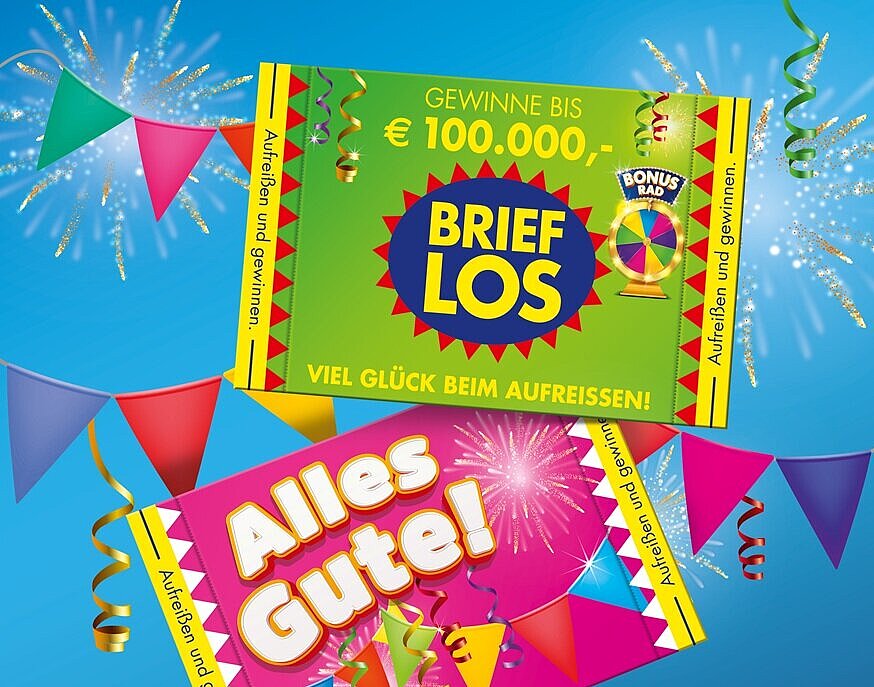 Das neue Brieflos "Alles Gute" in den Farbvarianten "Magenta" und "Grün"