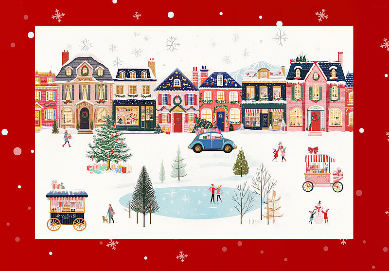 Ein verschneites Winterdorf mit einem zugefrorenen Teich in der Mitte, Autos und Menschen die auf verschneiten Straßen unterwegs sind