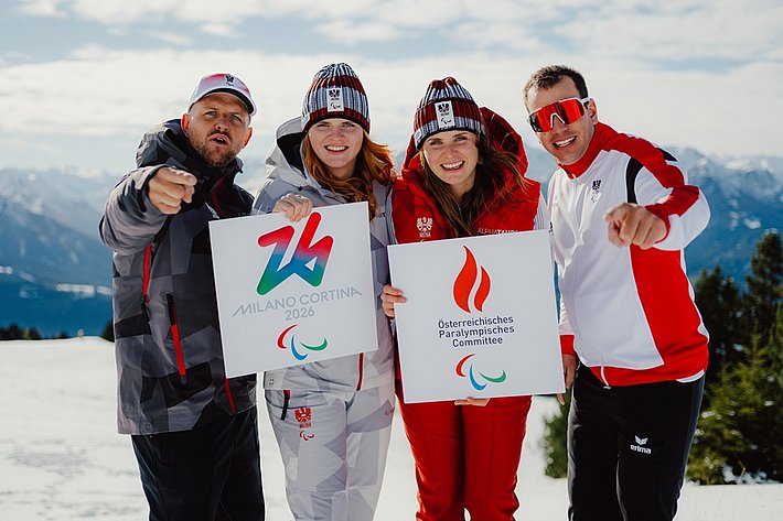 Die österreichischen Starter:innen bei den Paralympischen Spielen: Rene Eckhart, Veronika und Elisabeth Aigner und Markus Salcher
