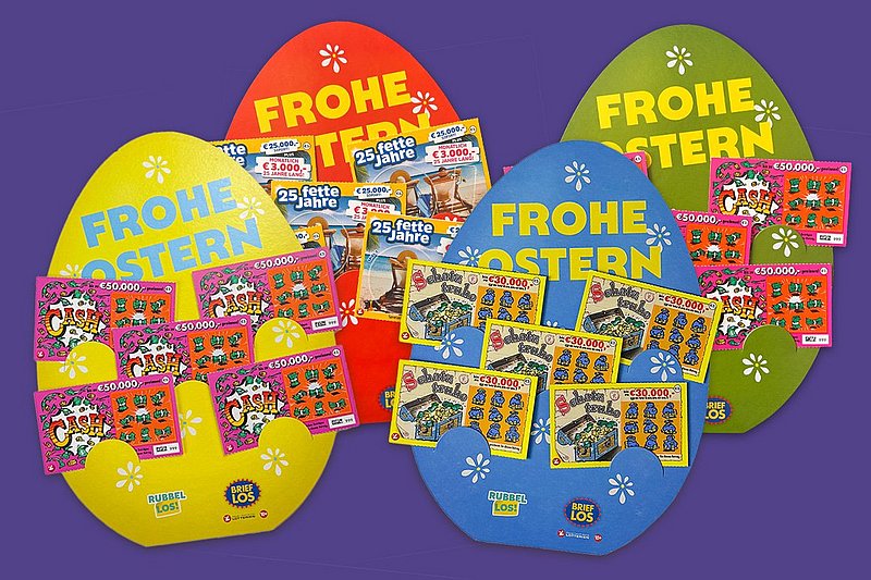 Ein Bild mit vier verschiedenen Geschenkverpackungen für Rubbellose