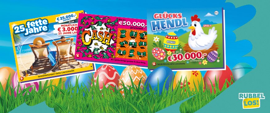 Auf einer Frühlingswiese mit vielen bunten Ostereiern im hohen Gras sind Rubbellose "25 fette Jahre", "Cash", und "Glücks-Hendl" zu sehen. Vorschläge für Rubbellose, die man zu Ostern verschenken kann.