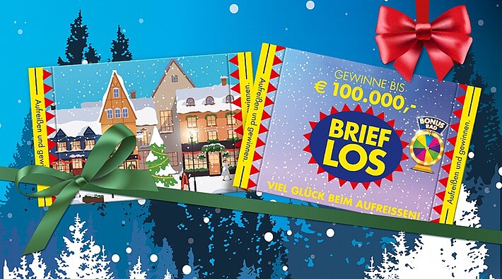 Ein Winterdorf abgebildet auf dem neuen Brieflos, die Vorder- und Rückseite mit dem Motiv und rundherum blauer Hintergrund und weihnachtliche Maschen