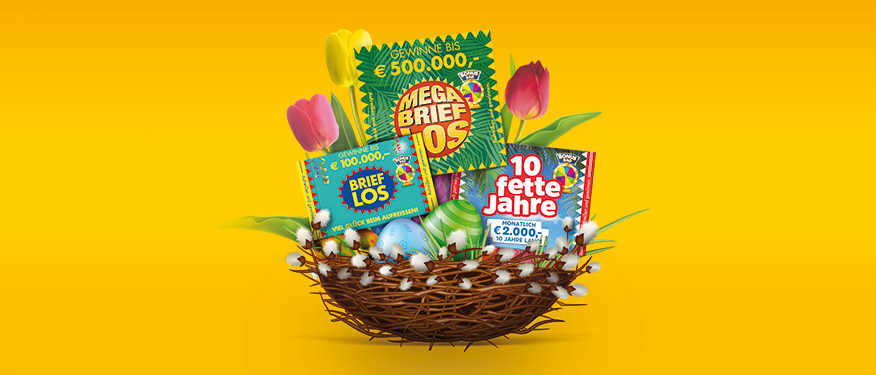 Tulpen und Brieflose der Österreichischen Lotterien in einem osterlichen Korb, auf gelbem Hintergund