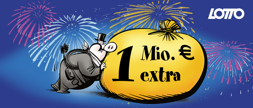 Das Lotto-Schwein verkleidet als Fee, im Hintergrund Silvester-Feuerwerk und ein Geldsack mit 1 Million Euro extra