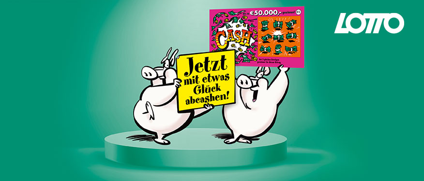 Zwei Lotto-Schweinchen halten Schilder nach oben, ein Mal die Lotto Aktion und ein Mal eine "Cash" Rubbellos - auf grünem Hintergrund.