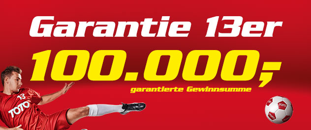 Garantie 13er 100.000 Euro. Abbildung eines Fussballspielers und Ball.