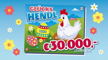 Ein weißes Huhn sitzt auf einer grünen Wiese, neben zwei bunten Ostereiern, grafisches Sujet für das neue Rubbellos "Glückshendl"