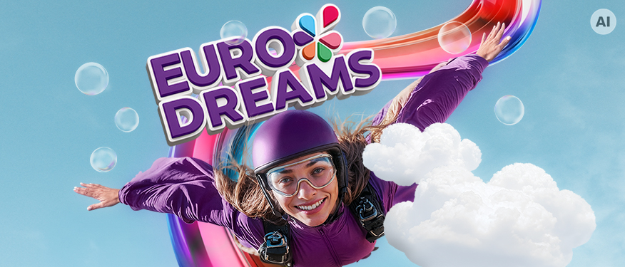 EuroDreams Logo. Eine junge Frau fliegt in den Wolken. KI generiert. 